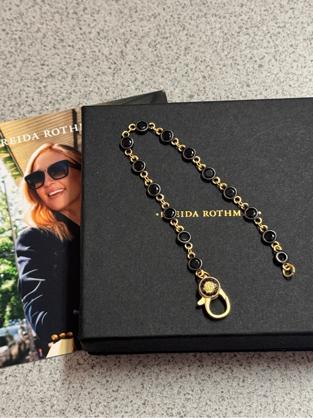 Freida Rothman Black and Gold Bezel Charm Bar Bracelet